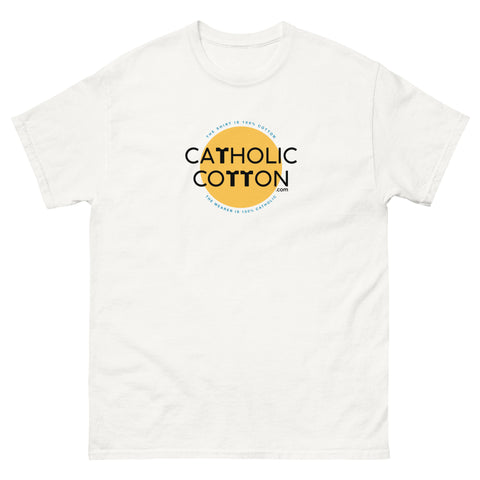 Catholic Cotton Logo with The Shirt is 100% Cotton, The Wearer is 100% Catholic